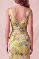 Laden Sie das Bild in den Galerie-Viewer, Gelber geblümter Bodycon Dicke Träger geraffte Midi-Formelkleid