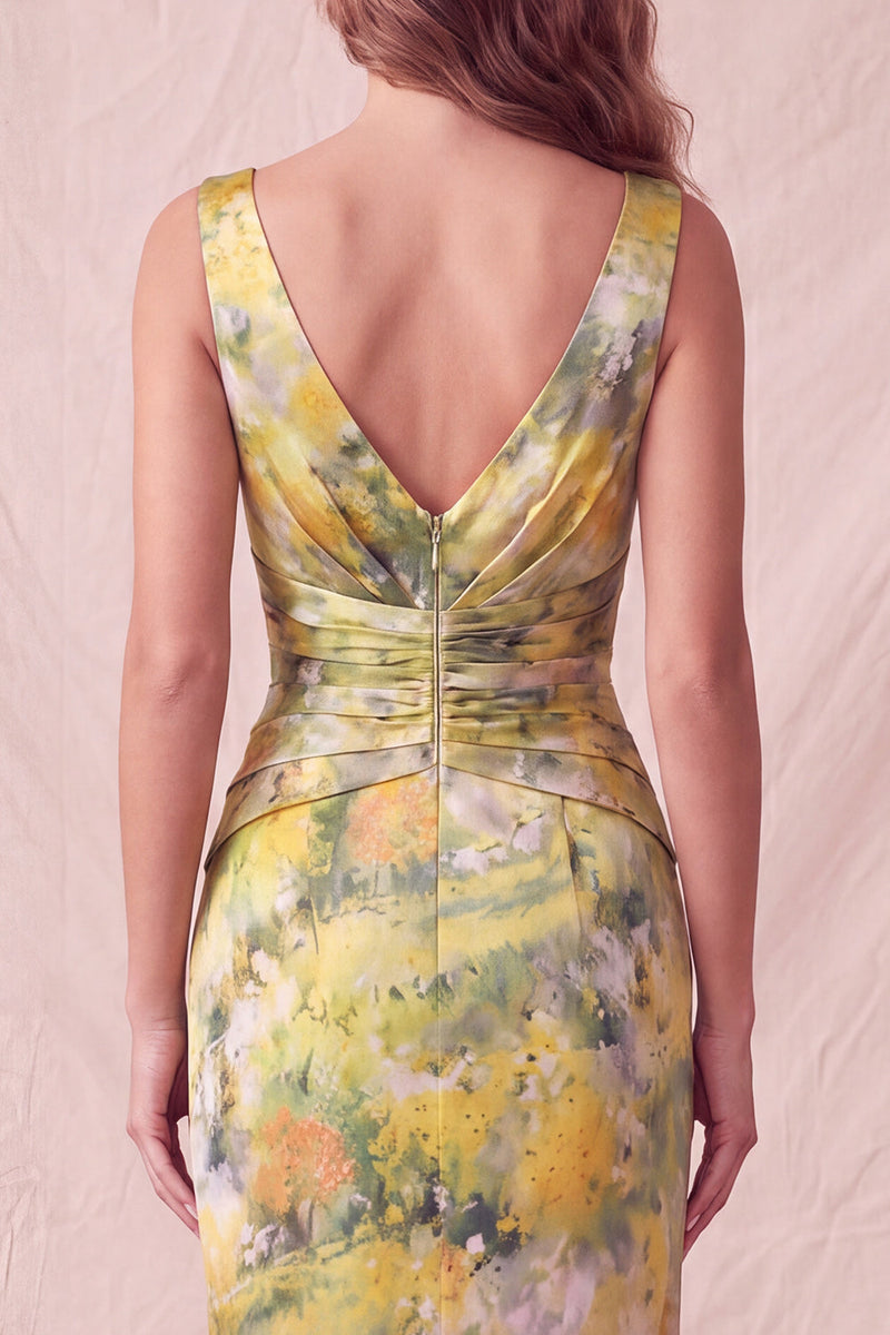 Laden Sie das Bild in den Galerie-Viewer, Gelber geblümter Bodycon Dicke Träger geraffte Midi-Formelkleid
