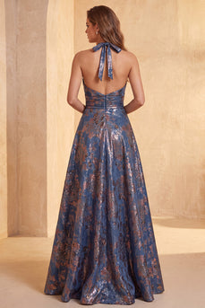 Jacquard Navy Geblümtes A-Linie Gerafftes Langes Festkleid