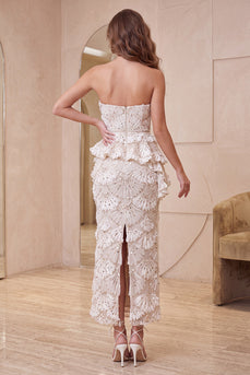 Sweetheart Aprikose Bodycon Rüschen Midi Festkleid mit Schlitz