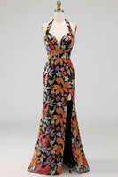 Laden Sie das Bild in den Galerie-Viewer, Schwarzes Pailletten Blumen Meerjungfrauen Neckholderhals Langes Festliches Kleid mit Schlitz