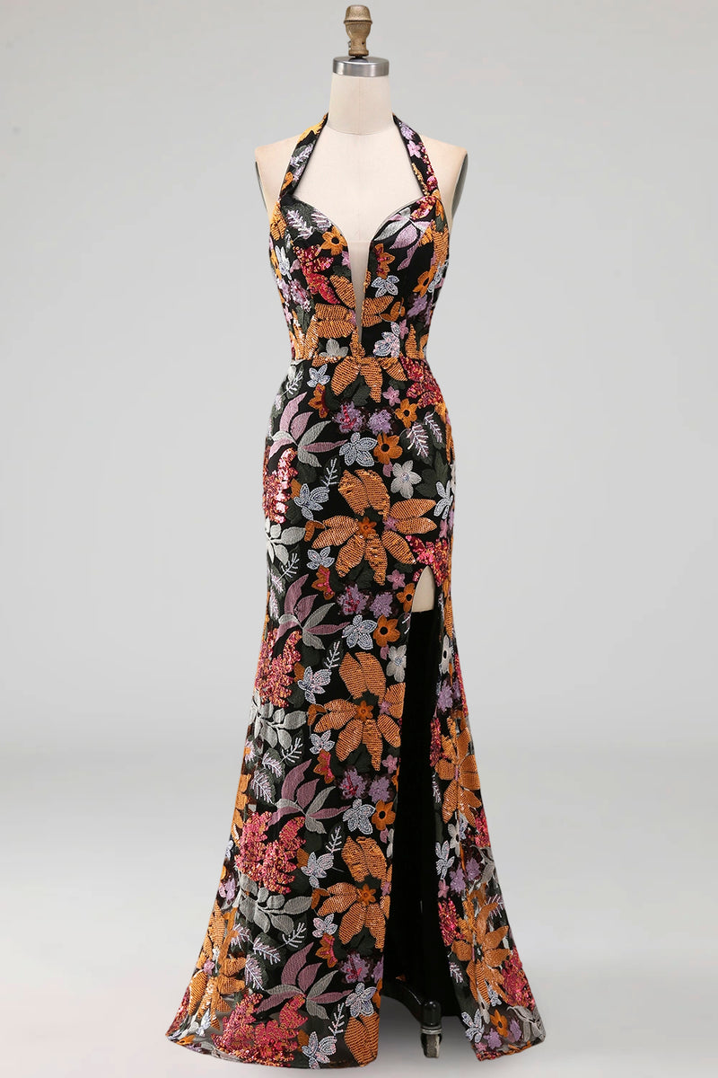 Laden Sie das Bild in den Galerie-Viewer, Schwarzes Pailletten Blumen Meerjungfrauen Neckholderhals Langes Festliches Kleid mit Schlitz