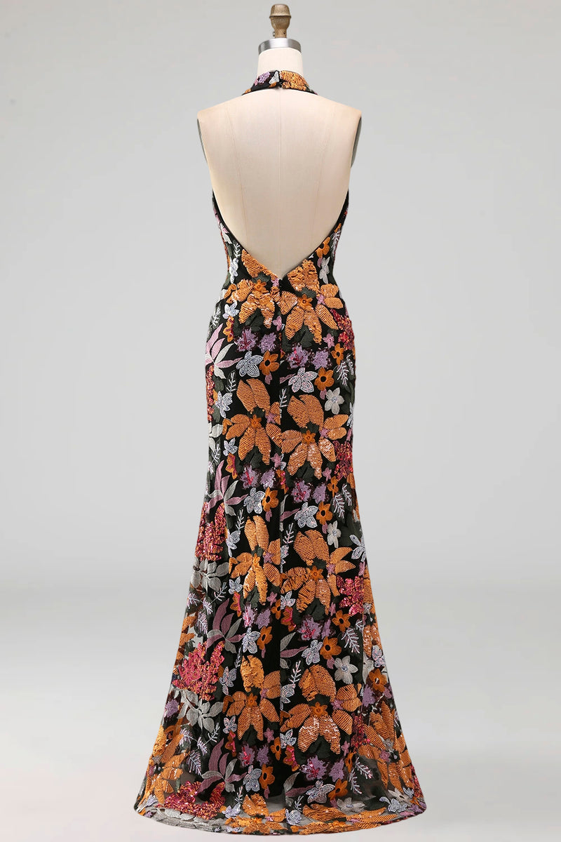 Laden Sie das Bild in den Galerie-Viewer, Schwarzes Pailletten Blumen Meerjungfrauen Neckholderhals Langes Festliches Kleid mit Schlitz