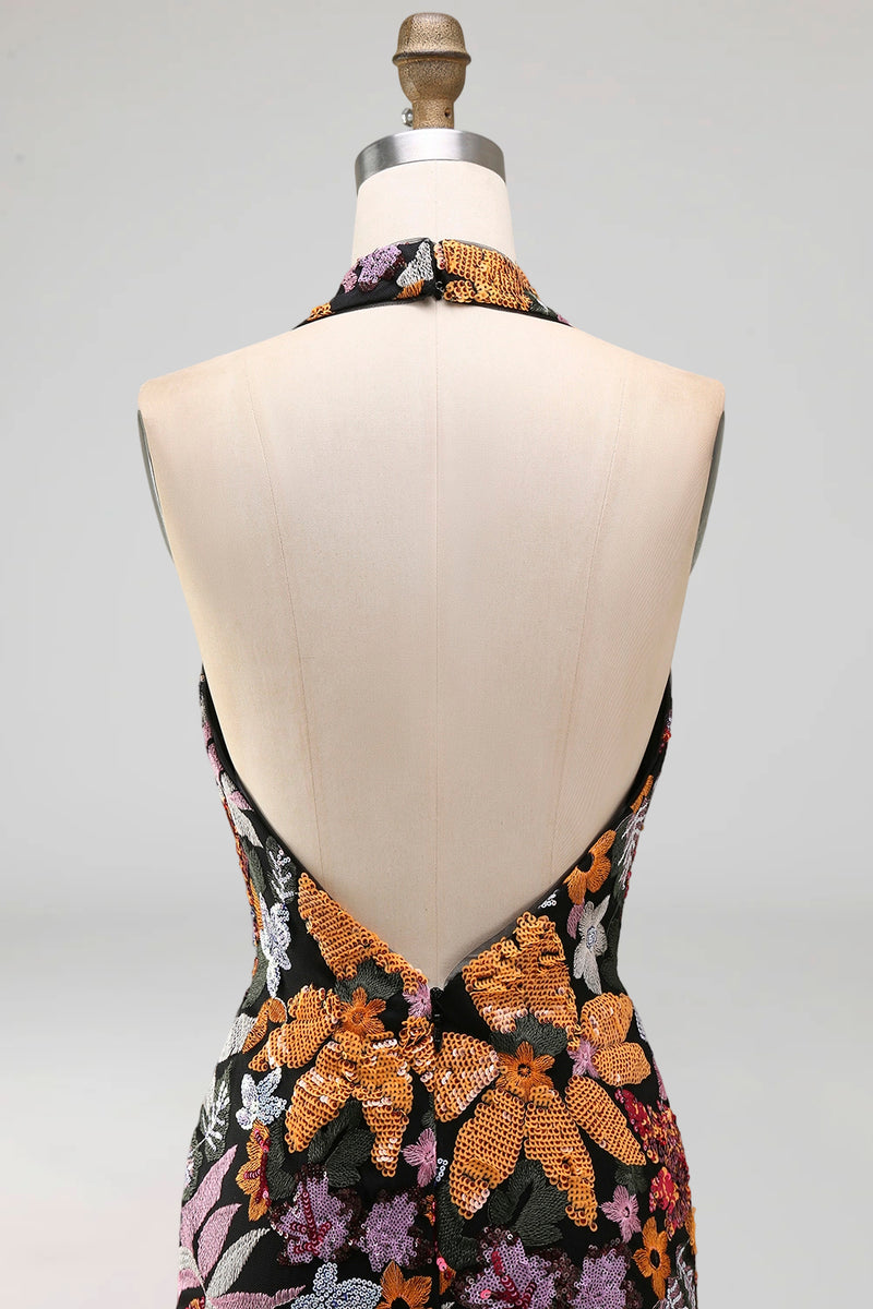 Laden Sie das Bild in den Galerie-Viewer, Schwarzes Pailletten Blumen Meerjungfrauen Neckholderhals Langes Festliches Kleid mit Schlitz