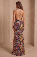 Laden Sie das Bild in den Galerie-Viewer, Schwarze Pailletten Blumen-Meerjungfrauen-Neckholderhals Langes Festliches Kleid mit Schlitz