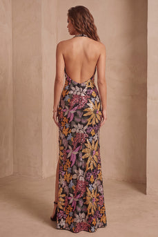 Schwarzes Pailletten Blumen Meerjungfrauen Neckholderhals Langes Festliches Kleid mit Schlitz