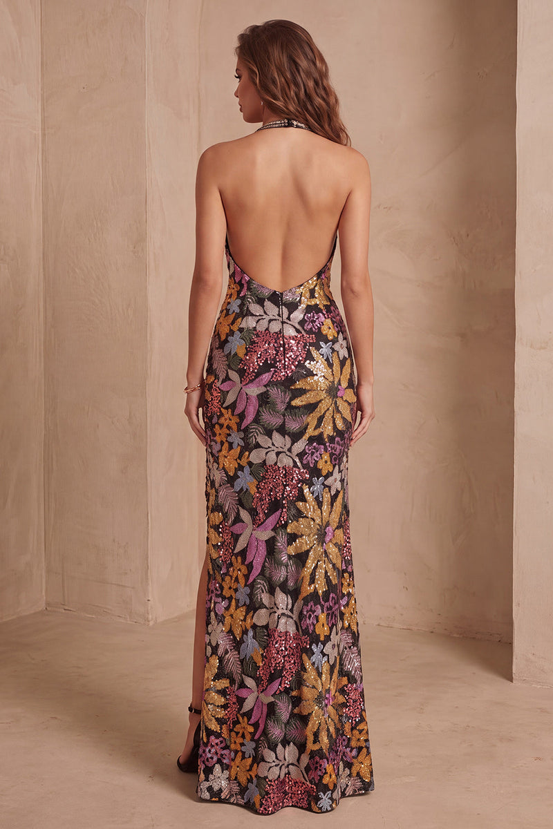 Laden Sie das Bild in den Galerie-Viewer, Schwarze Pailletten Blumen-Meerjungfrauen-Neckholderhals Langes Festliches Kleid mit Schlitz