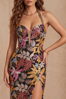 Laden Sie das Bild in den Galerie-Viewer, Schwarze Pailletten Blumen-Meerjungfrauen-Neckholderhals Langes Festliches Kleid mit Schlitz