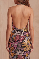 Laden Sie das Bild in den Galerie-Viewer, Schwarze Pailletten Blumen-Meerjungfrauen-Neckholderhals Langes Festliches Kleid mit Schlitz