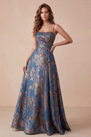 Laden Sie das Bild in den Galerie-Viewer, A-Line Navy Jacquard Floral Spaghetti-Träger mit gerafftem langem Festkleid