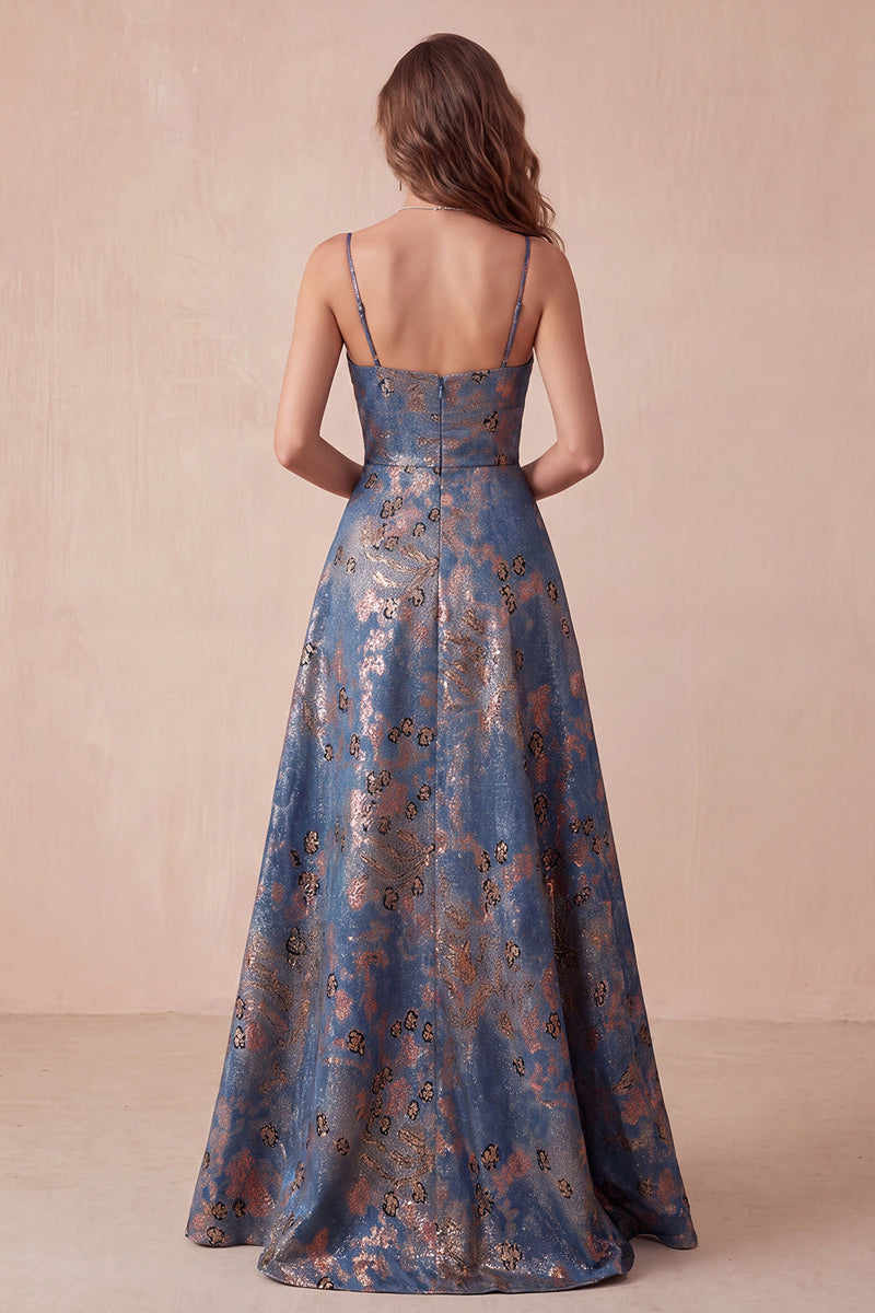 Laden Sie das Bild in den Galerie-Viewer, A-Line Navy Jacquard Floral Spaghetti-Träger mit gerafftem langem Festkleid
