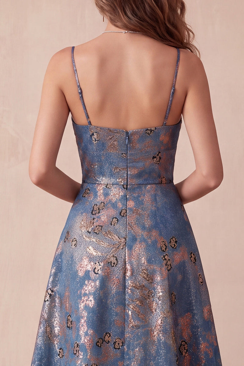 Laden Sie das Bild in den Galerie-Viewer, A-Line Navy Jacquard Floral Spaghetti-Träger mit gerafftem langem Festkleid