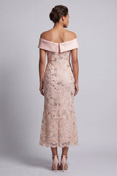 Blush Schulterfreies Meerjungfrauen Perlen Midi Mutter der Brautkleid