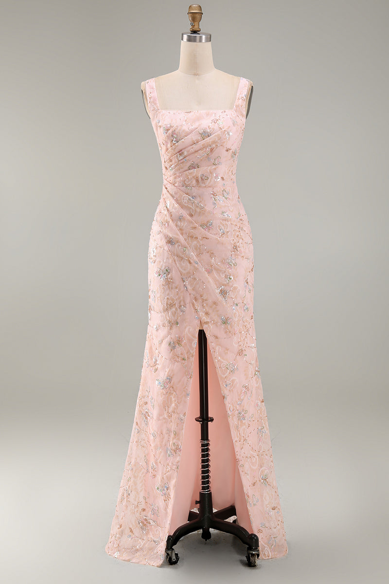 Laden Sie das Bild in den Galerie-Viewer, Geröte Meerjungfrauen Quadrathals mit Strasssteinen Gerafftes Langes Mutter-der-Braut-Kleid mit Schlitz
