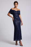 Laden Sie das Bild in den Galerie-Viewer, Glitzerndes Meerjungfrauen-Marineblau Schulterfreies Midi-Mutter-der-Braut-Kleid mit Pailletten