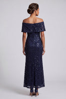 Laden Sie das Bild in den Galerie-Viewer, Glitzerndes Meerjungfrauen-Marineblau Schulterfreies Midi-Mutter-der-Braut-Kleid mit Pailletten