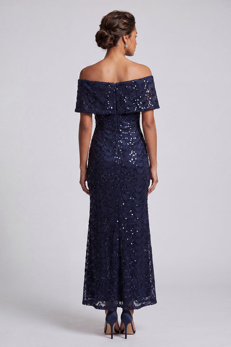Laden Sie das Bild in den Galerie-Viewer, Glitzerndes Meerjungfrauen-Marineblau Schulterfreies Midi-Mutter-der-Braut-Kleid mit Pailletten