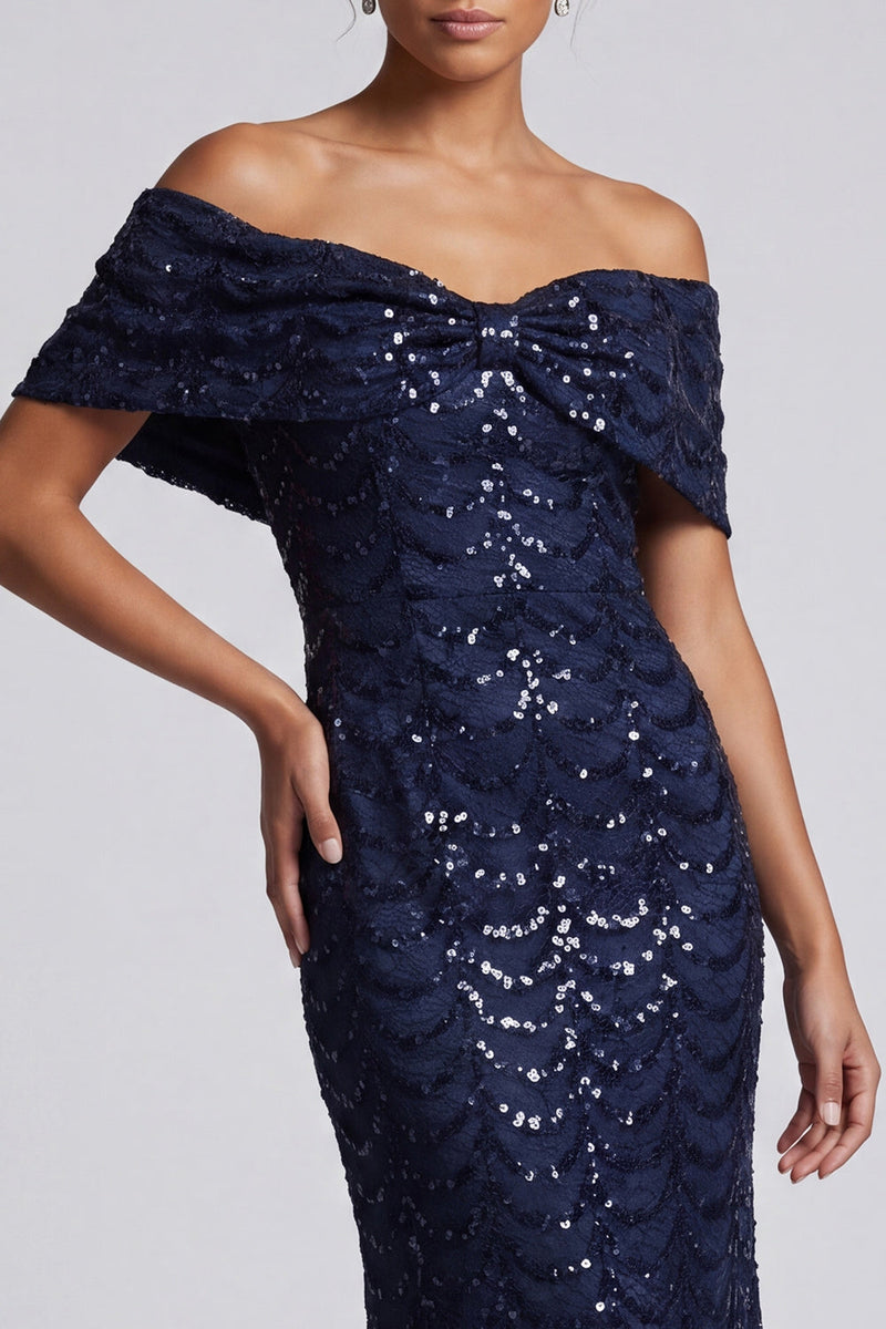 Laden Sie das Bild in den Galerie-Viewer, Glitzerndes Meerjungfrauen-Marineblau Schulterfreies Midi-Mutter-der-Braut-Kleid mit Pailletten