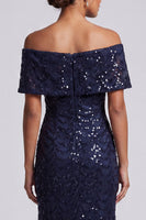 Laden Sie das Bild in den Galerie-Viewer, Glitzerndes Meerjungfrauen-Marineblau Schulterfreies Midi-Mutter-der-Braut-Kleid mit Pailletten