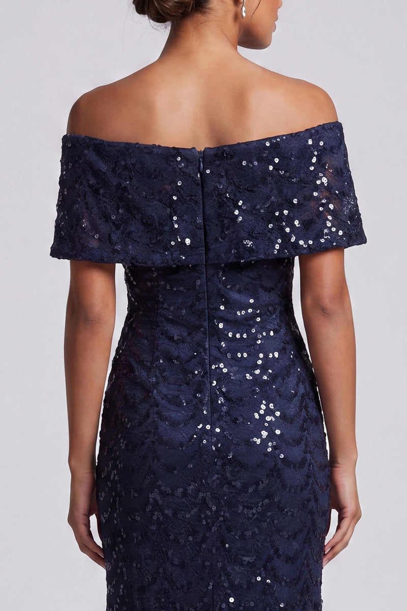 Laden Sie das Bild in den Galerie-Viewer, Glitzerndes Meerjungfrauen-Marineblau Schulterfreies Midi-Mutter-der-Braut-Kleid mit Pailletten