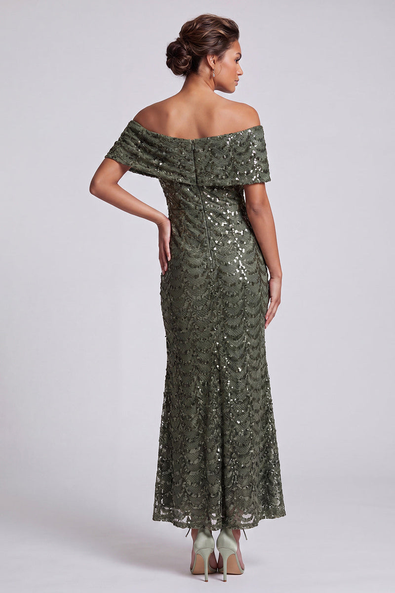 Laden Sie das Bild in den Galerie-Viewer, Glitzerndes Meerjungfrauen-Marineblau Schulterfreies Midi-Mutter-der-Braut-Kleid mit Pailletten