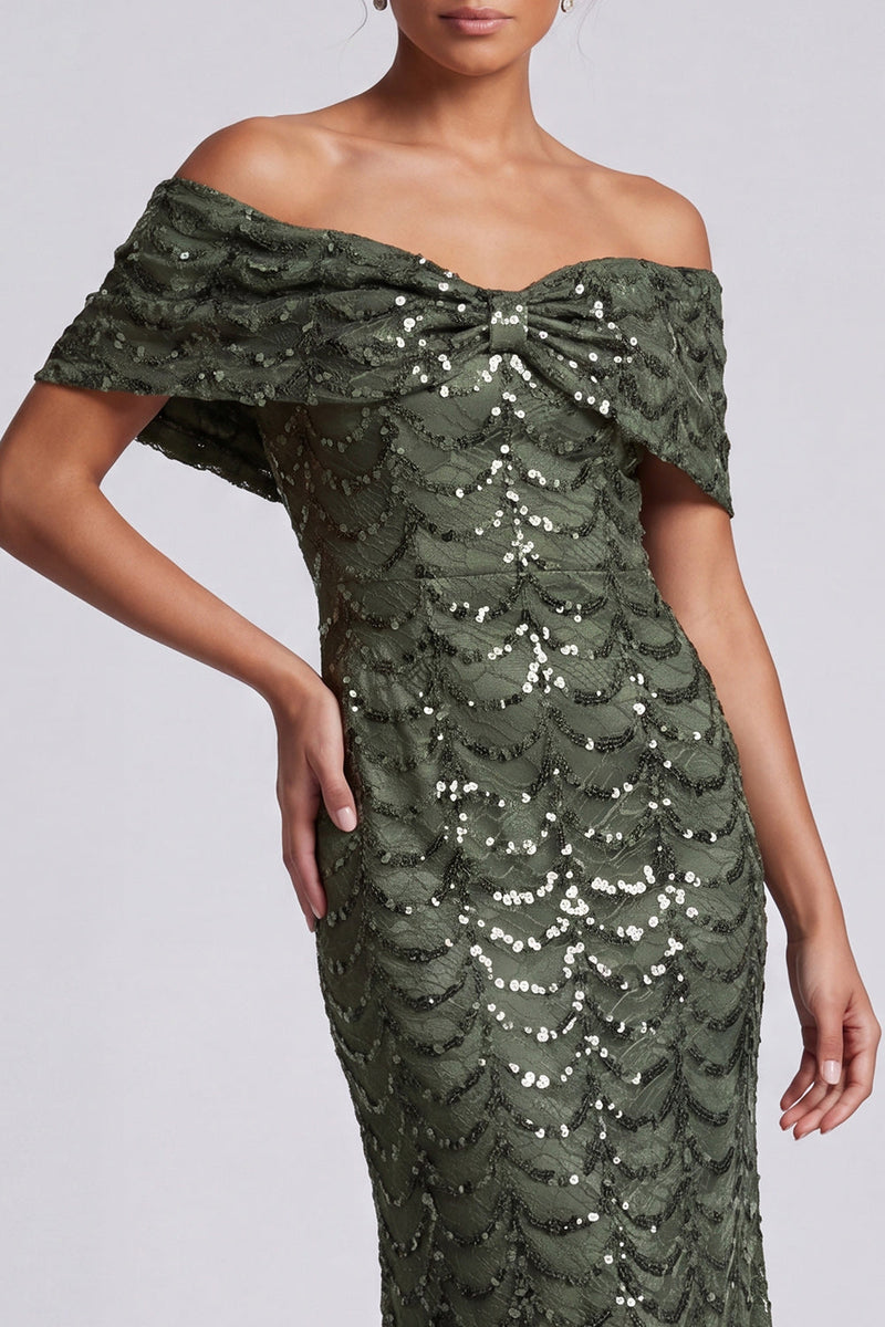 Laden Sie das Bild in den Galerie-Viewer, Glitzerndes Meerjungfrauen-Marineblau Schulterfreies Midi-Mutter-der-Braut-Kleid mit Pailletten