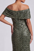 Laden Sie das Bild in den Galerie-Viewer, Glitzerndes Meerjungfrauen-Marineblau Schulterfreies Midi-Mutter-der-Braut-Kleid mit Pailletten