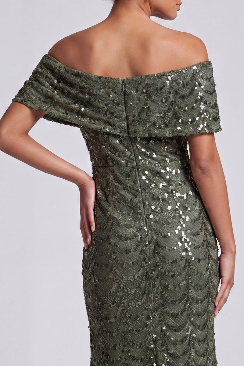 Laden Sie das Bild in den Galerie-Viewer, Glitzerndes Meerjungfrauen-Marineblau Schulterfreies Midi-Mutter-der-Braut-Kleid mit Pailletten