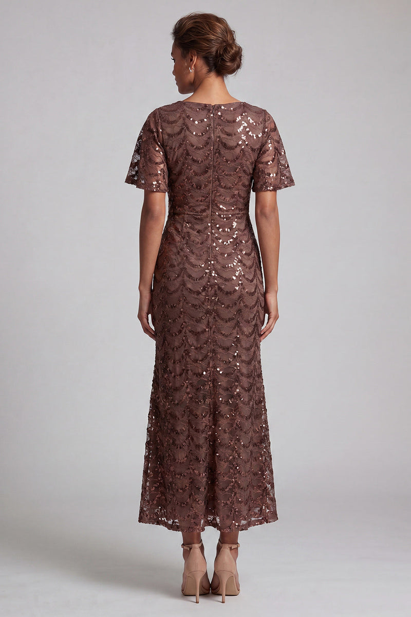 Laden Sie das Bild in den Galerie-Viewer, Glitzerndes marineblaues Meerjungfrauen-Flatterärmel-Pailletten-Midi-Mutter-der-Braut-Kleid mit Schlitz