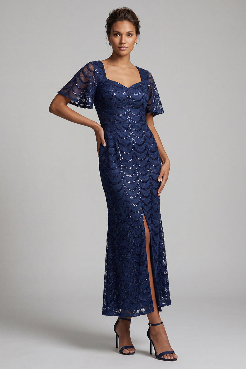Laden Sie das Bild in den Galerie-Viewer, Glitzerndes marineblaues Meerjungfrauen-Flatterärmel-Pailletten-Midi-Mutter-der-Braut-Kleid mit Schlitz