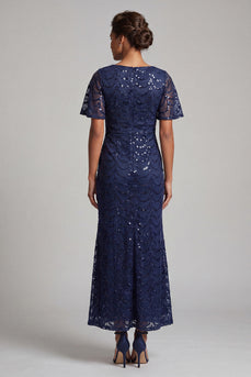 Glitzerndes Marineblaues Meerjungfrauen Flatterärmel Pailletten Midi Mutter der Braut Kleid mit Schlitz