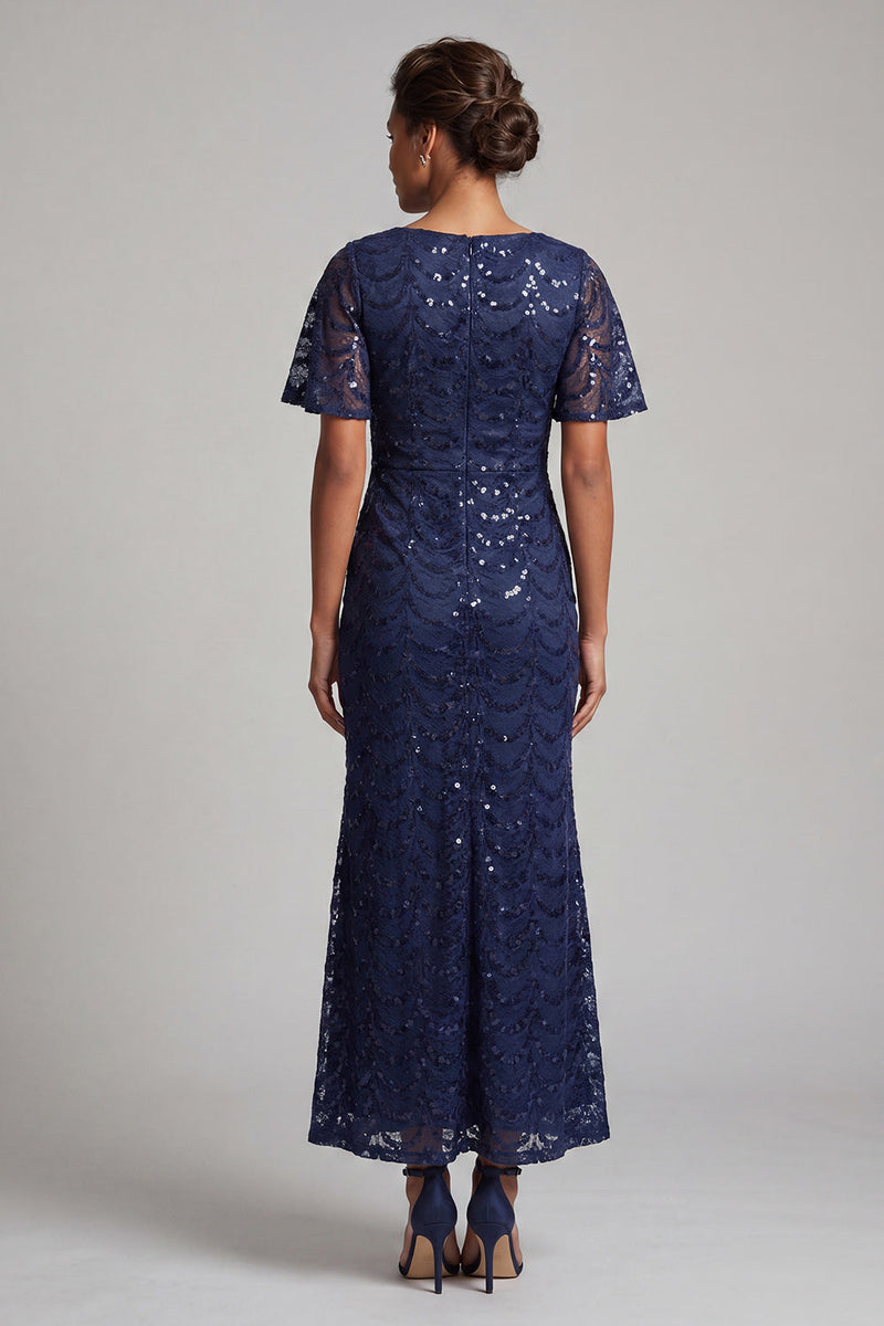 Laden Sie das Bild in den Galerie-Viewer, Glitzerndes marineblaues Meerjungfrauen-Flatterärmel-Pailletten-Midi-Mutter-der-Braut-Kleid mit Schlitz