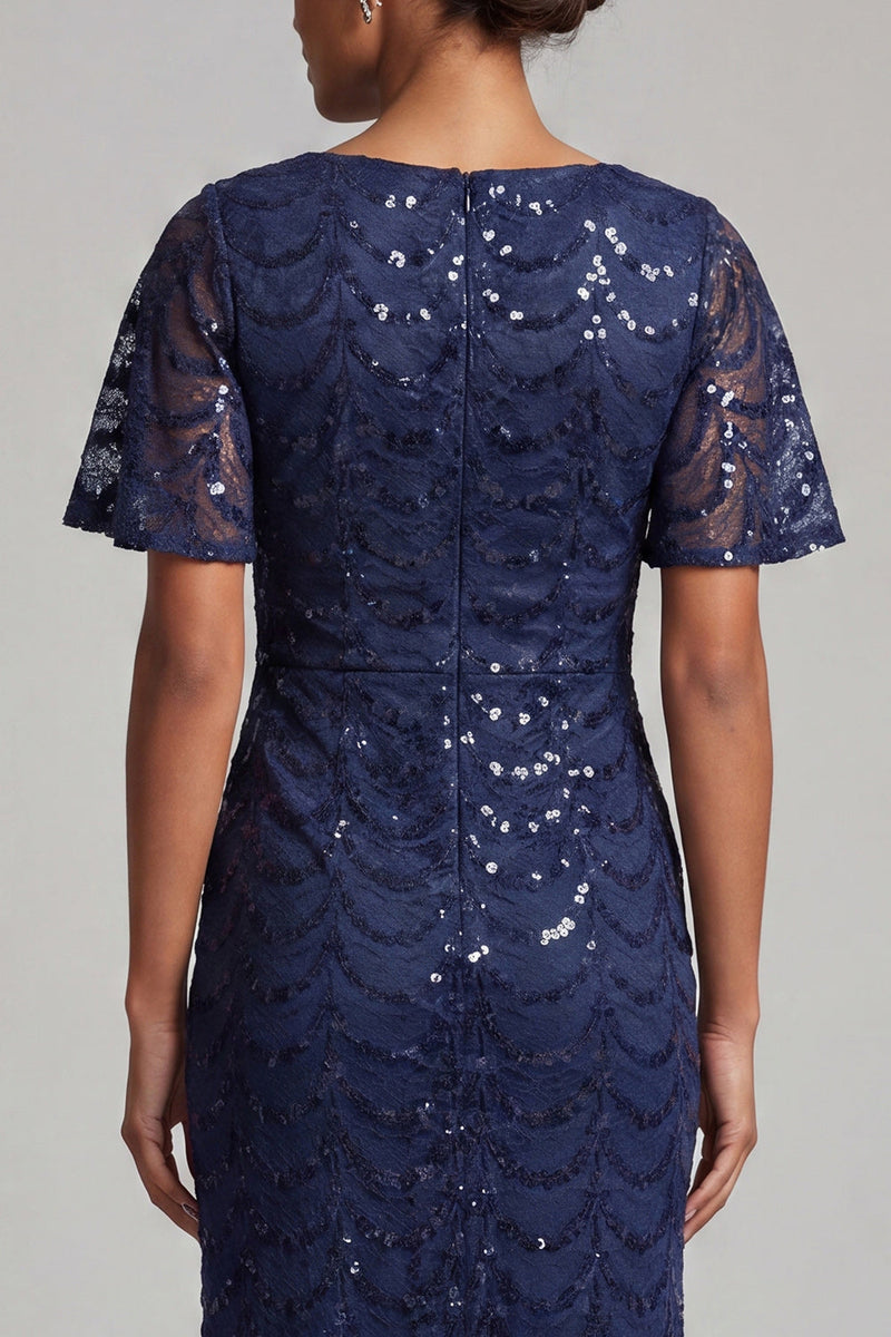 Laden Sie das Bild in den Galerie-Viewer, Glitzerndes marineblaues Meerjungfrauen-Flatterärmel-Pailletten-Midi-Mutter-der-Braut-Kleid mit Schlitz