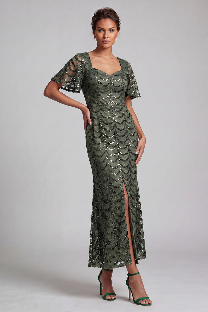 Laden Sie das Bild in den Galerie-Viewer, Glitzerndes marineblaues Meerjungfrauen-Flatterärmel-Pailletten-Midi-Mutter-der-Braut-Kleid mit Schlitz