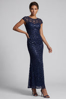 Laden Sie das Bild in den Galerie-Viewer, Glitzerndes marineblaues Meerjungfrauen-Pailletten-Midi-Mutter-der-Braut-Kleid mit Mützenärmeln