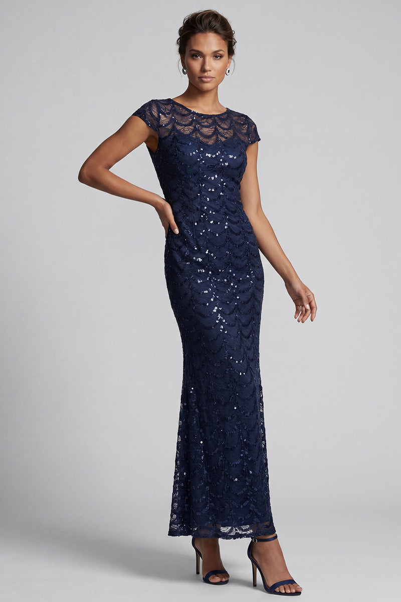 Laden Sie das Bild in den Galerie-Viewer, Glitzerndes marineblaues Meerjungfrauen-Pailletten-Midi-Mutter-der-Braut-Kleid mit Mützenärmeln
