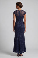 Laden Sie das Bild in den Galerie-Viewer, Glitzerndes marineblaues Meerjungfrauen-Pailletten-Midi-Mutter-der-Braut-Kleid mit Mützenärmeln