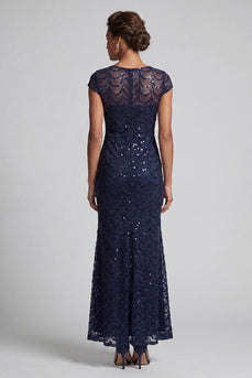 Glitzerndes Marineblaues Meerjungfrauen Pailletten Midi Mutter der Braut Kleid mit Mützenärmeln