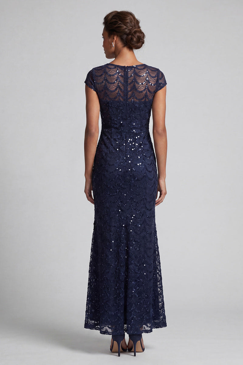 Laden Sie das Bild in den Galerie-Viewer, Glitzerndes marineblaues Meerjungfrauen-Pailletten-Midi-Mutter-der-Braut-Kleid mit Mützenärmeln