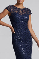 Laden Sie das Bild in den Galerie-Viewer, Glitzerndes marineblaues Meerjungfrauen-Pailletten-Midi-Mutter-der-Braut-Kleid mit Mützenärmeln