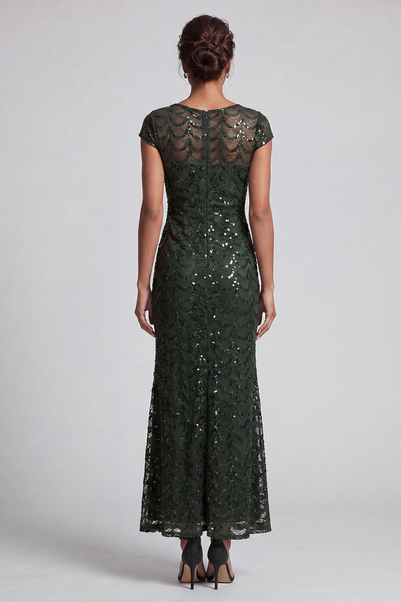 Laden Sie das Bild in den Galerie-Viewer, Glitzerndes marineblaues Meerjungfrauen-Pailletten-Midi-Mutter-der-Braut-Kleid mit Mützenärmeln