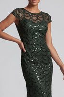 Laden Sie das Bild in den Galerie-Viewer, Glitzerndes marineblaues Meerjungfrauen-Pailletten-Midi-Mutter-der-Braut-Kleid mit Mützenärmeln