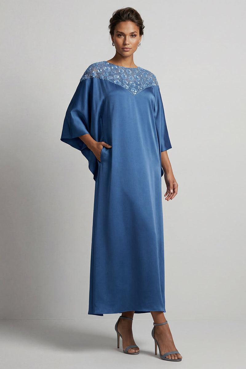 Laden Sie das Bild in den Galerie-Viewer, Blauer Rundhals-Midi-Mutter-der-Braut-Kleid mit Pailletten