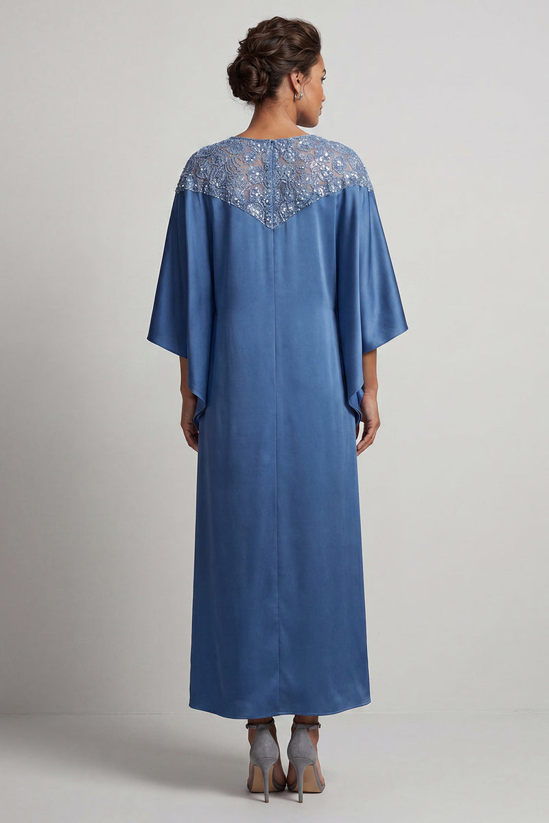 Laden Sie das Bild in den Galerie-Viewer, Blauer Rundhals-Midi-Mutter-der-Braut-Kleid mit Pailletten