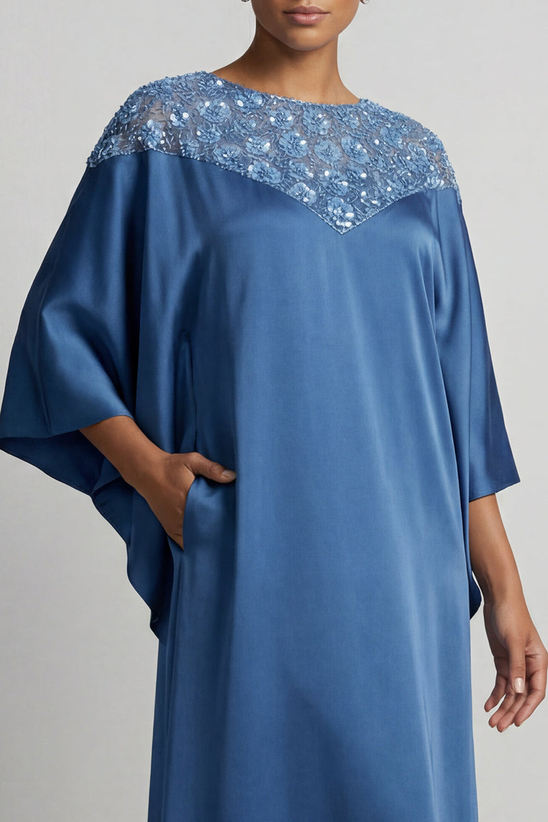 Laden Sie das Bild in den Galerie-Viewer, Blauer Rundhals-Midi-Mutter-der-Braut-Kleid mit Pailletten
