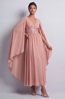 Laden Sie das Bild in den Galerie-Viewer, Himmelblaues A-Linien-Chiffon-V-Ausschnitt-Midi-Mutter-der-Braut-Kleid mit Umhangärmeln