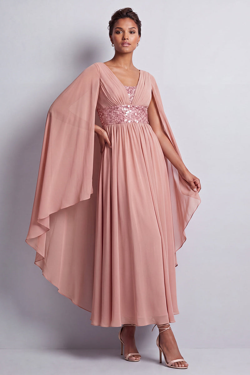Laden Sie das Bild in den Galerie-Viewer, Himmelblaues A-Linien-Chiffon-V-Ausschnitt-Midi-Mutter-der-Braut-Kleid mit Umhangärmeln