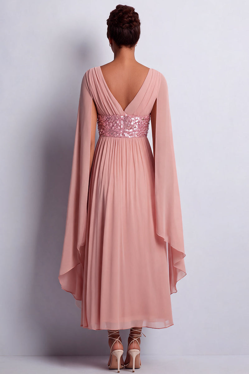 Laden Sie das Bild in den Galerie-Viewer, Himmelblaues A-Linien-Chiffon-V-Ausschnitt-Midi-Mutter-der-Braut-Kleid mit Umhangärmeln