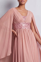 Laden Sie das Bild in den Galerie-Viewer, Himmelblaues A-Linien-Chiffon-V-Ausschnitt-Midi-Mutter-der-Braut-Kleid mit Umhangärmeln