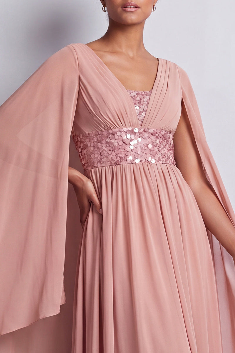 Laden Sie das Bild in den Galerie-Viewer, Himmelblaues A-Linien-Chiffon-V-Ausschnitt-Midi-Mutter-der-Braut-Kleid mit Umhangärmeln